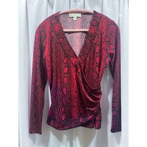Michael Kors Womens Red Snakeskin Print Faux Wrap Long Sleeve Top Side Ruched M